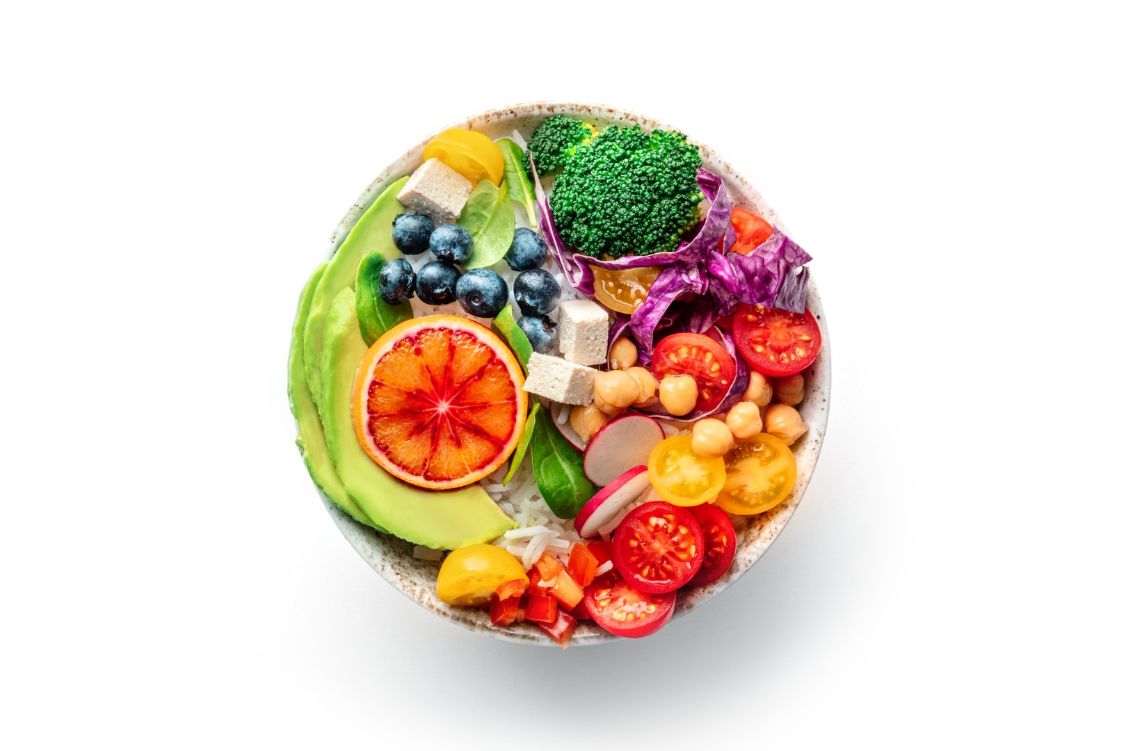 Buddha Bowl. Rainbow salad. Vegan poke bowl with avocado. Healthy food. Overhead flat lay shot on a white background