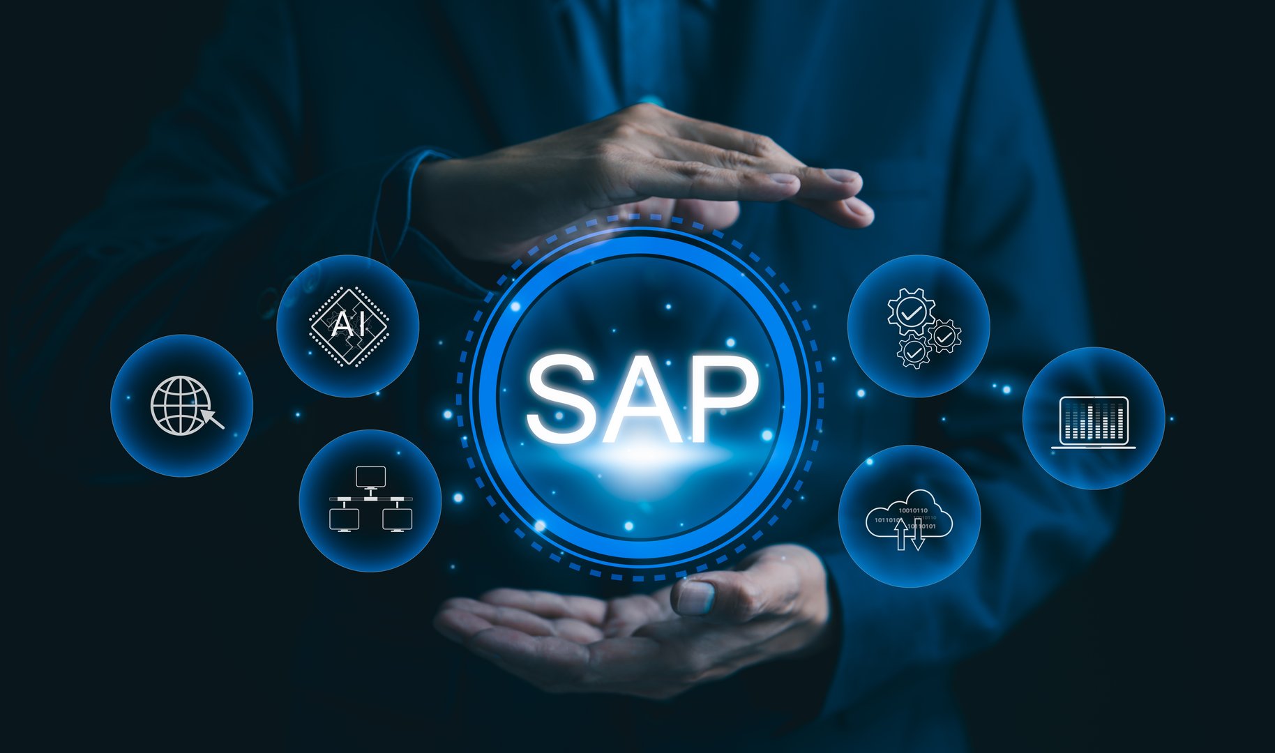 SAP System Application Products. Business process automation and management software concept. A businessman presents SAP related technology icons, business process automation, and management solutions