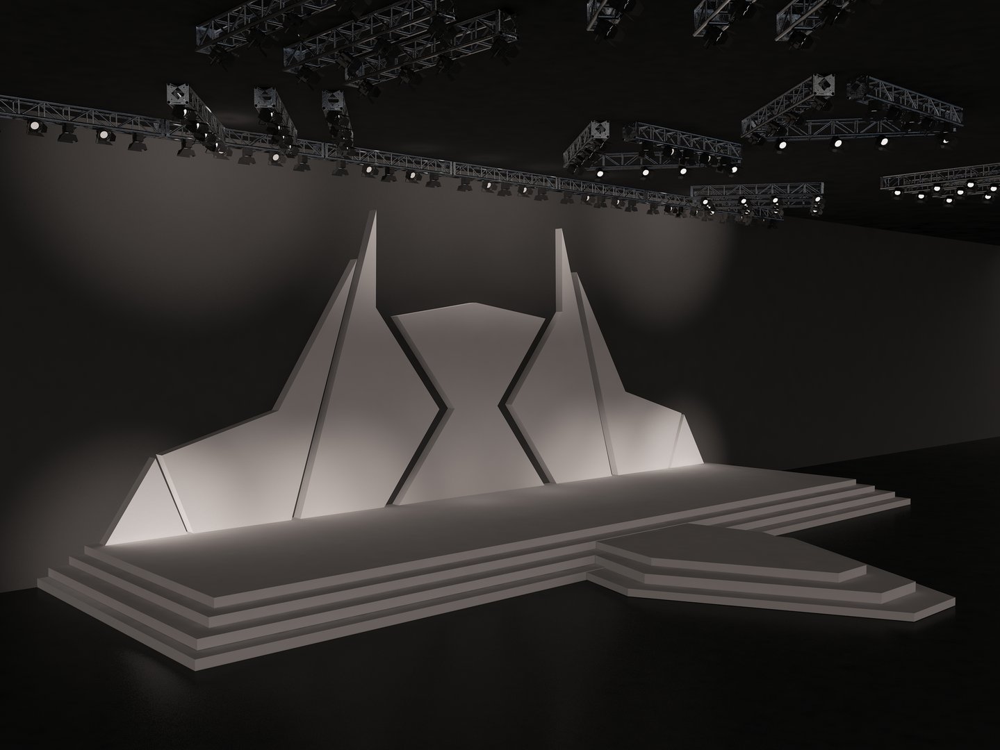 event stage with custom backdrop design and stage stairs. perspective view. interior hall. spotlight ceiling system. 3d rendering illustration