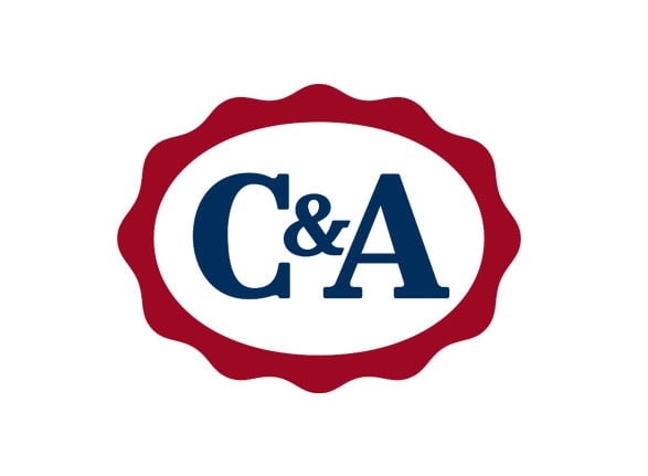 C&A logo featuring dark blue letters "C&A" inside a white oval with a red scalloped border.
