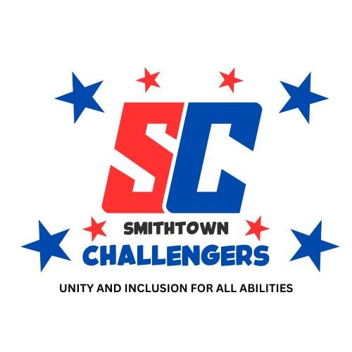 Logo for Smithtown Challengers with red and blue stars, "Unity and Inclusion for All Abilities" slogan below.