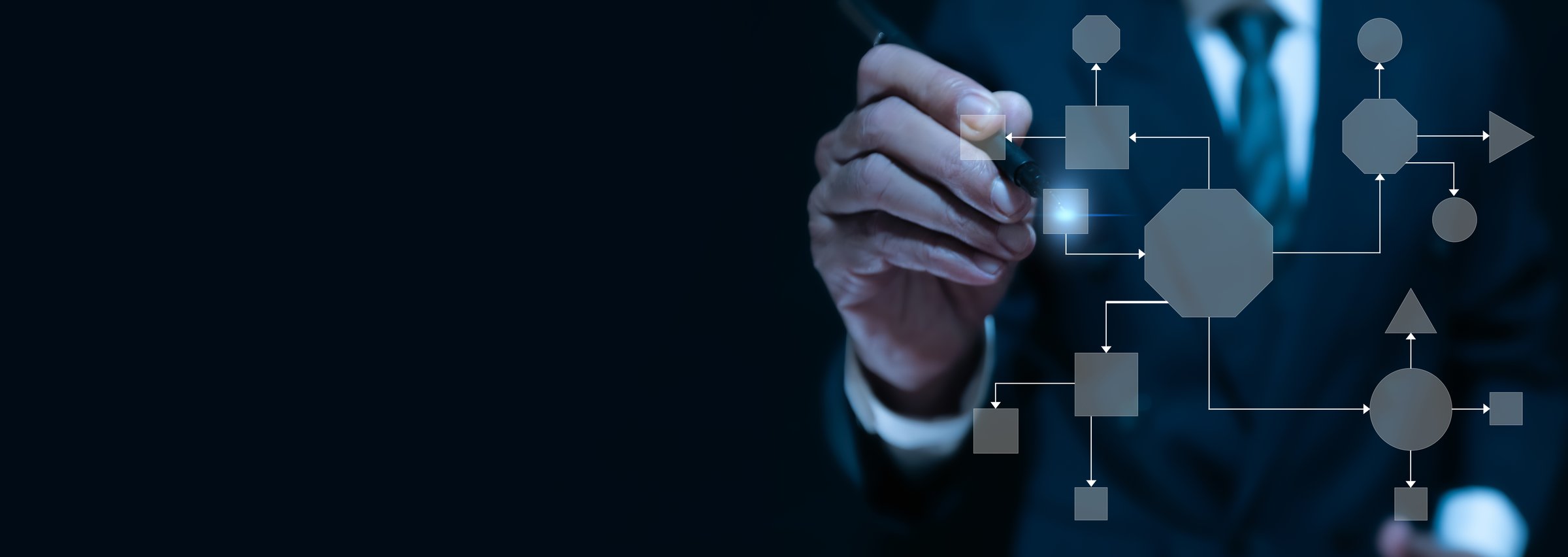 Business process and workflow automation with flowchart, businessman in background
