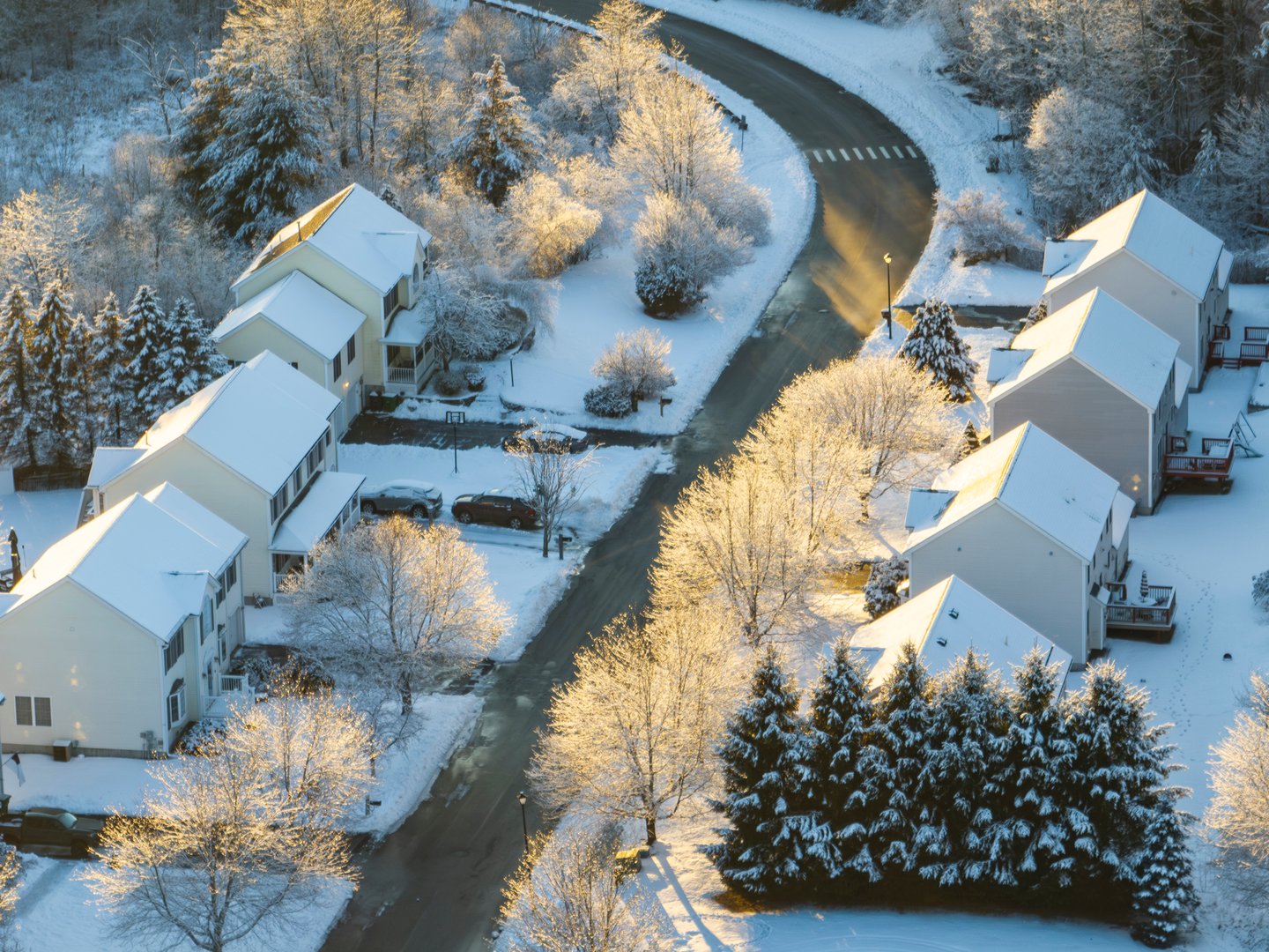 Snow-covered residential neighborhood in Anchorage, Alaska, featuring houses with white roofs, frosted trees, and a winding road, illustrating winter property maintenance challenges.