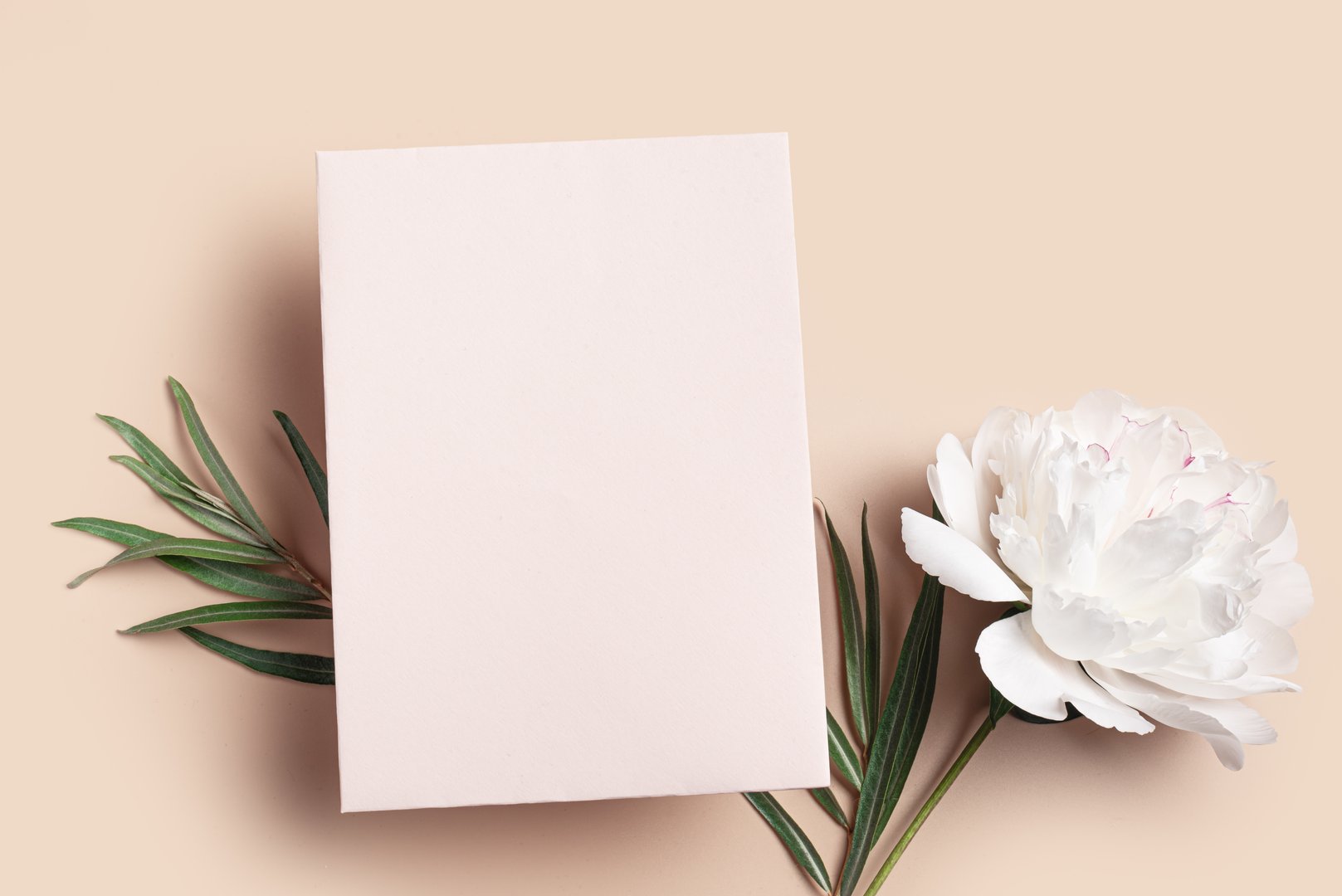 Greeting or invitation card mockup,  white empty blank 5x7 with floral decor on neutral beige background, copy space for text. Creative elegant mock up with white peony flower and eucaliptus leaves.
