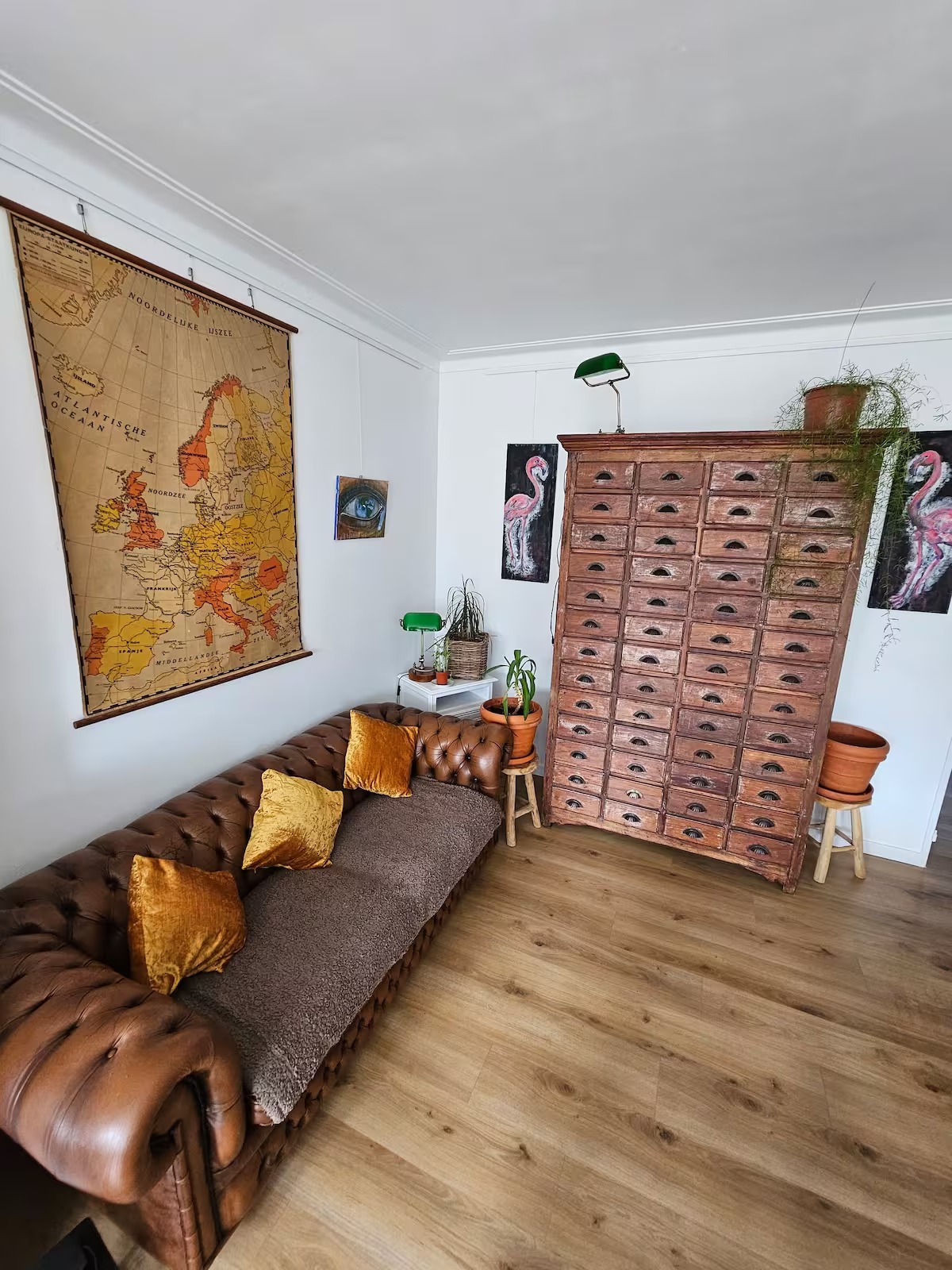 Vintage-themed room with a leather sofa, large wooden cabinet, map of Europe, and vibrant plant decor.
