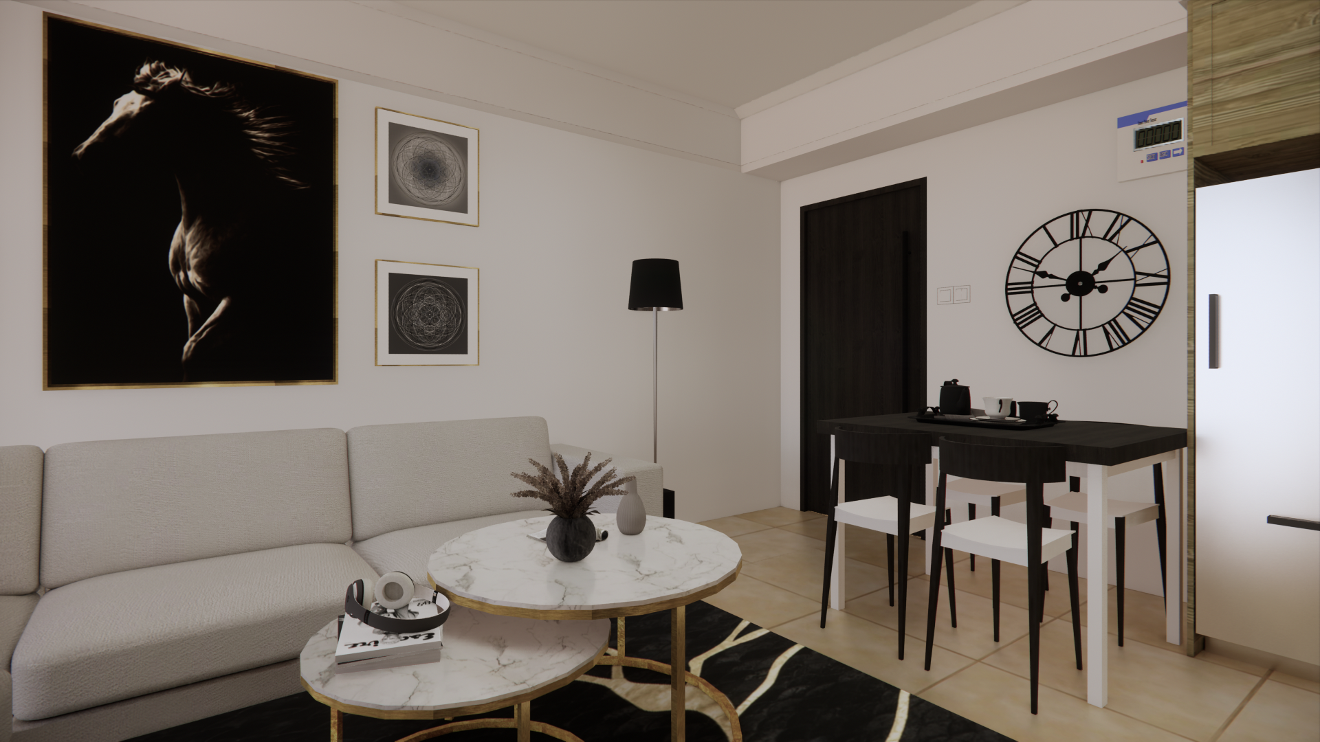 Modern living room with a gray sofa, round marble tables, horse artwork, and a black dining table with white chairs.