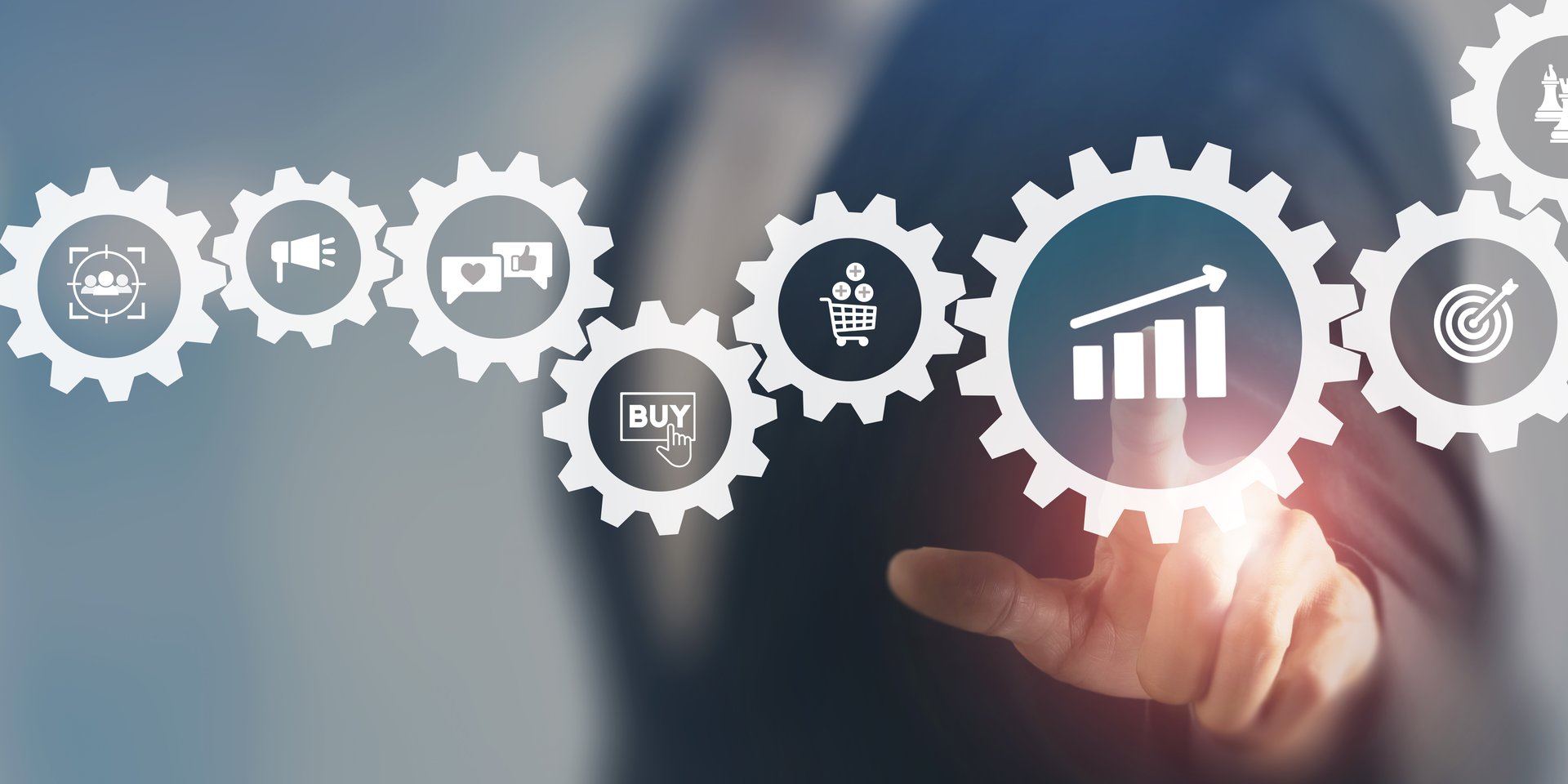 Growth of sales, marketing strategies concept. Data analytics for achieving business growth target. Increase sales in online store, e-commerce. Touching on sales growth icon. Postive progress.