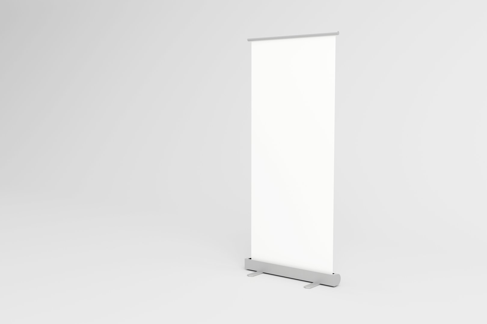 A single retractable banner stand with a blank white display panel, ideal for branding or advertising. Simple and versatile design for promotional use.