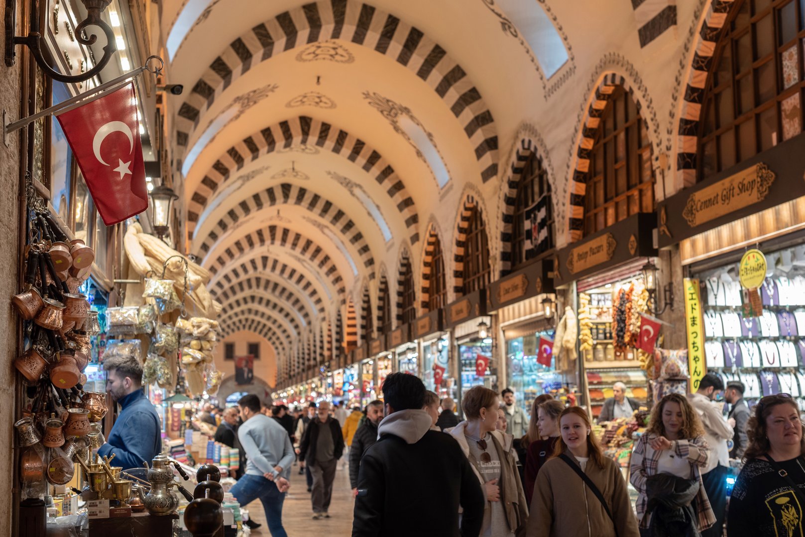 Istanbul, Turkey 8th January 2025 Tourists shopping inside the Istanbul Spice Bazaar otherwise known as the Egyptian Bazaar, a popular tourist market in Istanbul, Turkey .