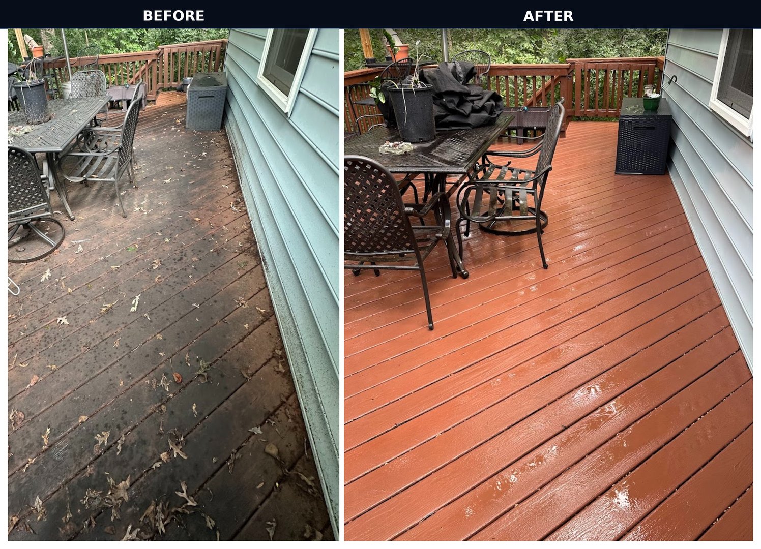 Before and after deck pressure washing and restoration