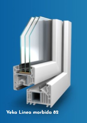 A cross-section of a white Veka Linea morbida 82 window frame with triple-glazed glass on a blue background.
