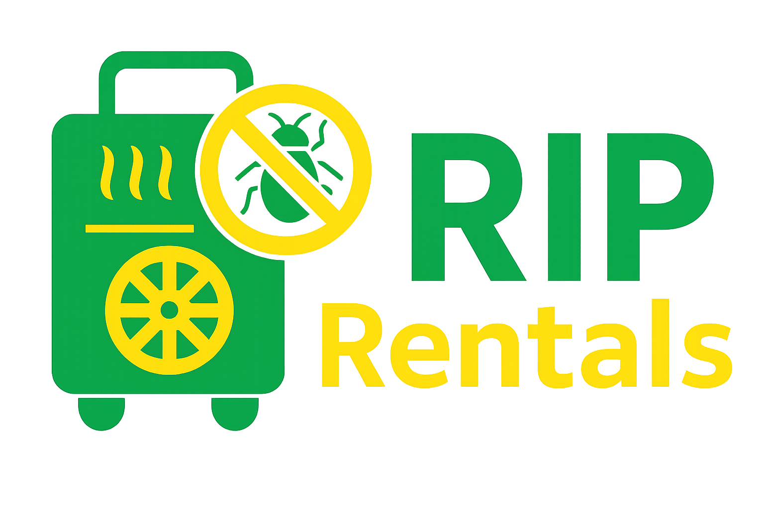 Logo of RIP Rentals with an image of a suitcase and a crossed-out bug, suggesting a pest-free travel service.