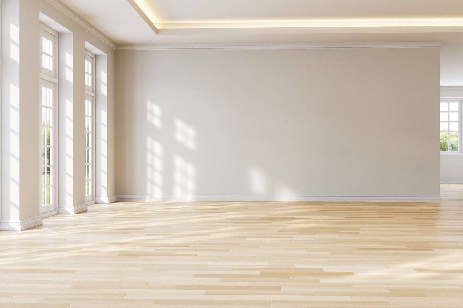 Modern luxury empty room interior with blank wall for copy space 3d render, The rooms have wooden floors white walls there are white window looking out to the nature view.