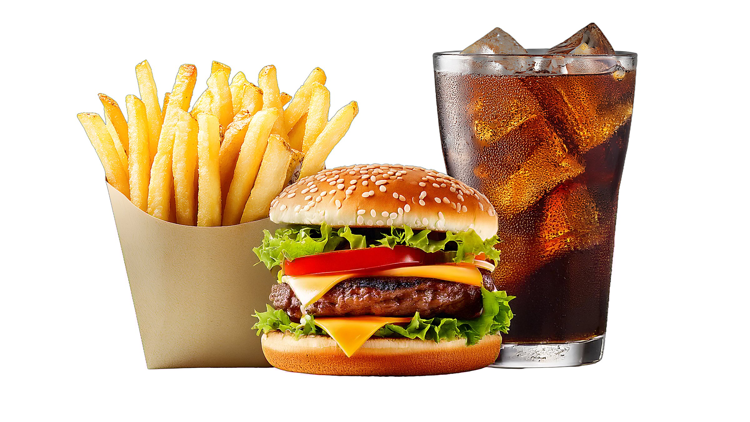 Burger, Fries, and Soda isolated on White Background.