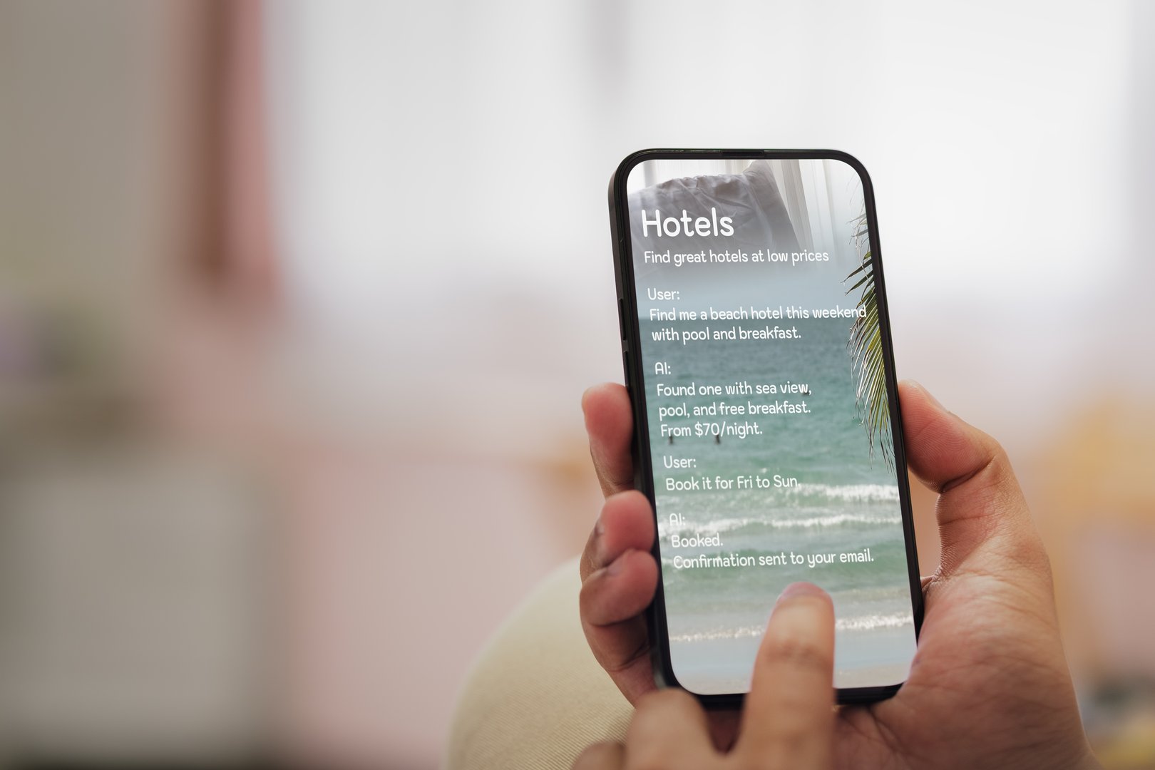 AI-assisted hotel booking concept showcasing speed, accuracy, and convenience, with focus on app development, UX UI design, and modern travel technology.