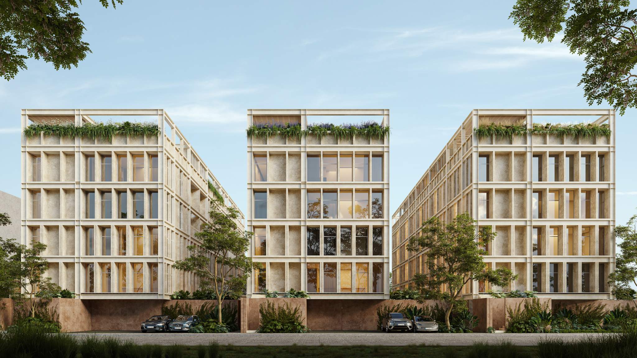 Entrance to Las Islas residential area with a pool, palm trees, and parked cars. Logo and Las Islas signage visible.
