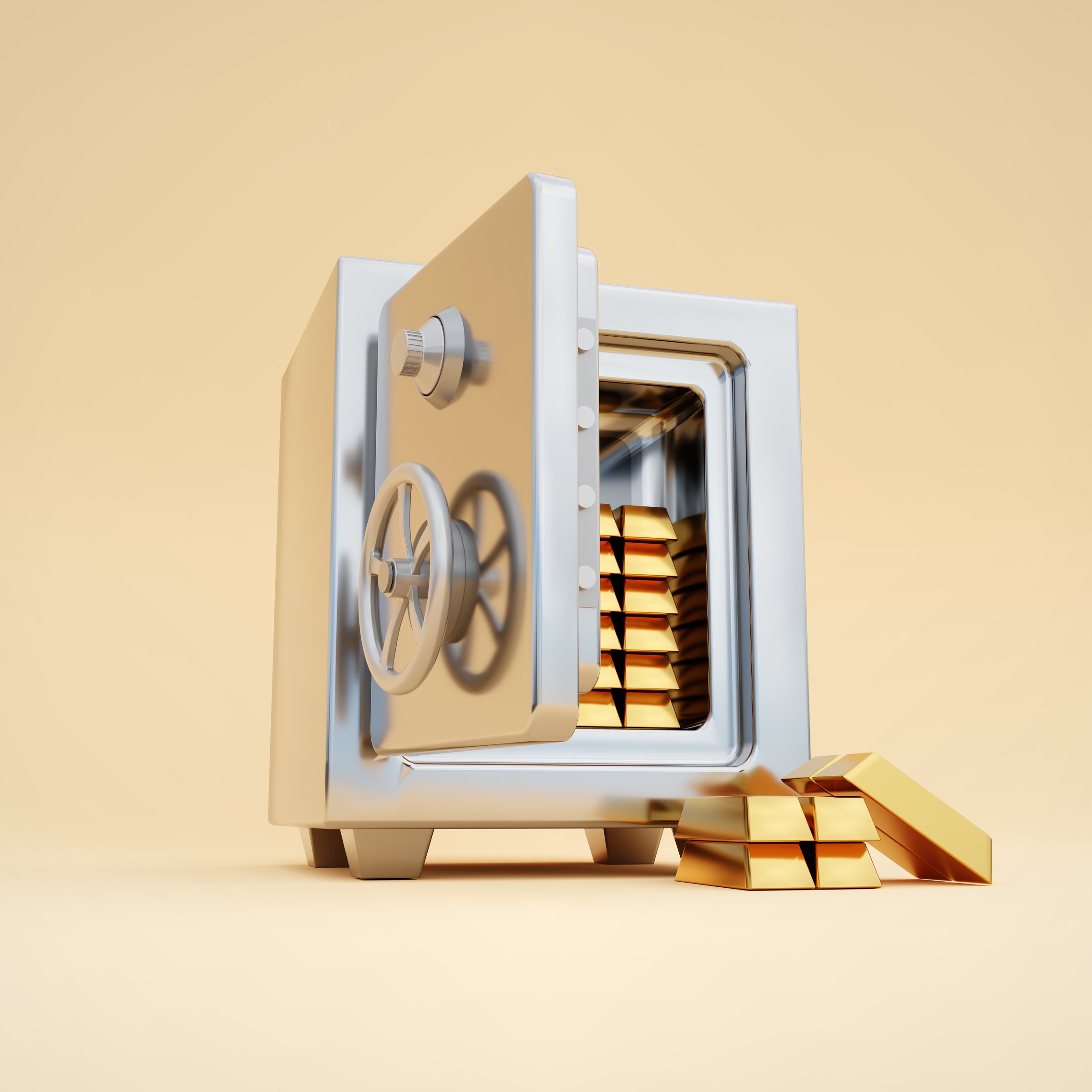 Open steel safe with gold bars on beige background. 3d-rendering