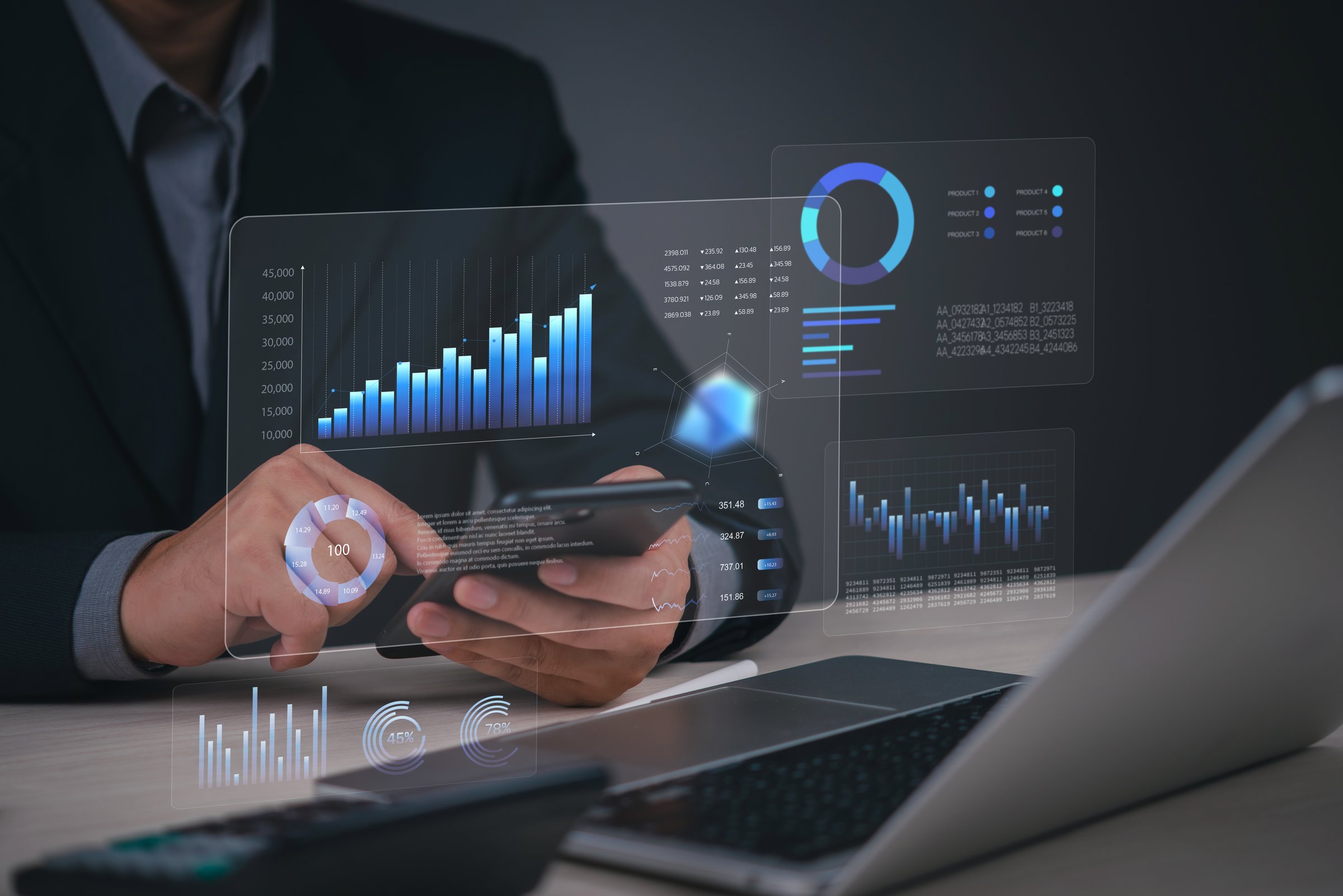 A business professional analyzing financial data on a mobile device with visualized graphs and statistics on a digital screen, demonstrating business intelligence and digital transformation.
