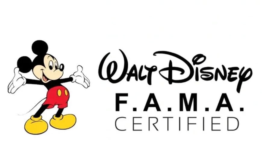 Mickey Mouse next to 'Walt Disney F.A.M.A. Certified' text on a white background.