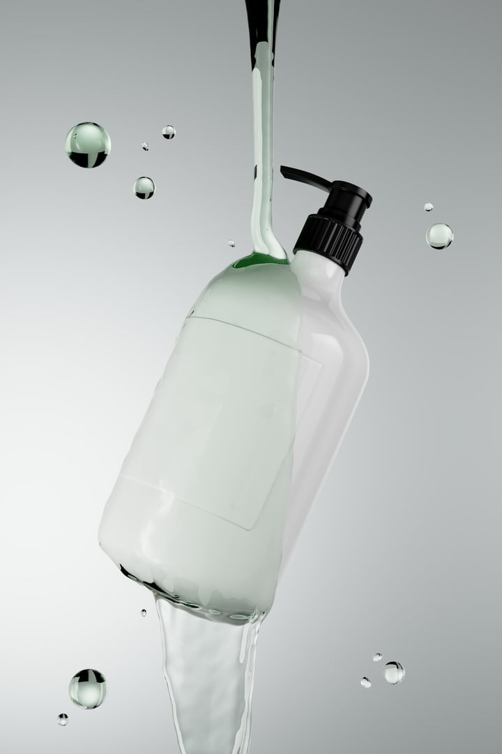 Closeup of skincare cream falling onto a group sets of pumper bottle  beauty product. emphasizing skincare and hydration. 3D Rendering.