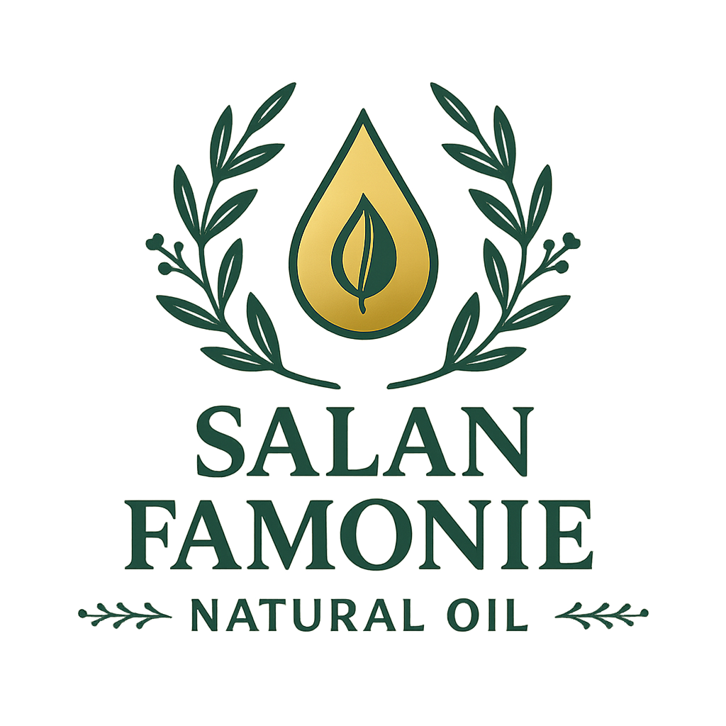 Logo with a leaf inside a droplet, surrounded by olive branches, and the text Salan Famonie Natural Oil on a green background.