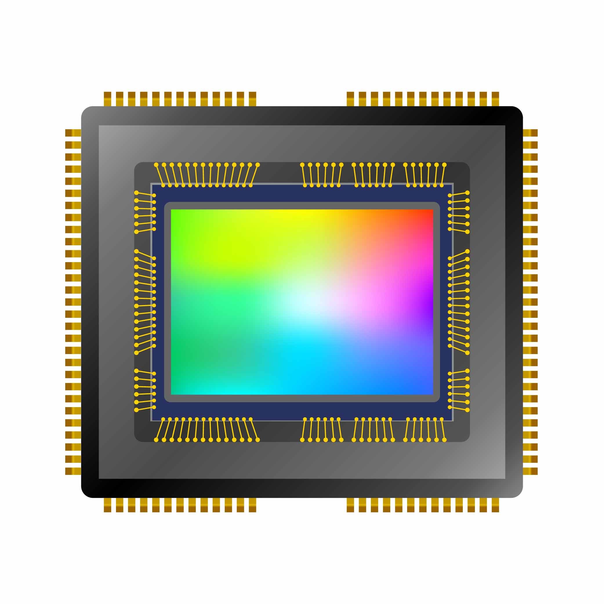 Colorful computer chip with gold pins on a white background, symbolizing technology and digital processing.