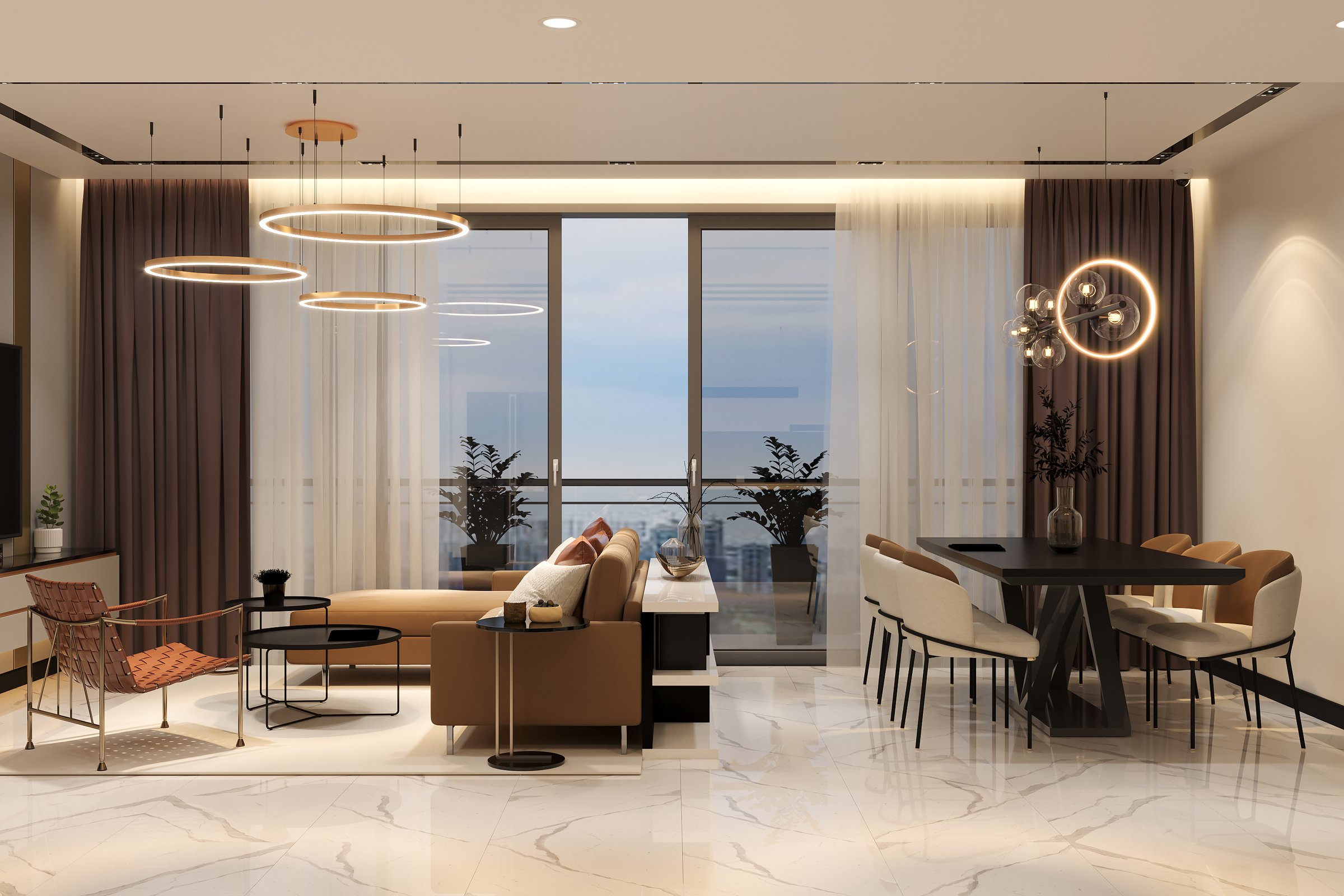 dining room, modern living room, Worn mirrored living room, aged mirrored dining table, spacious interior design
