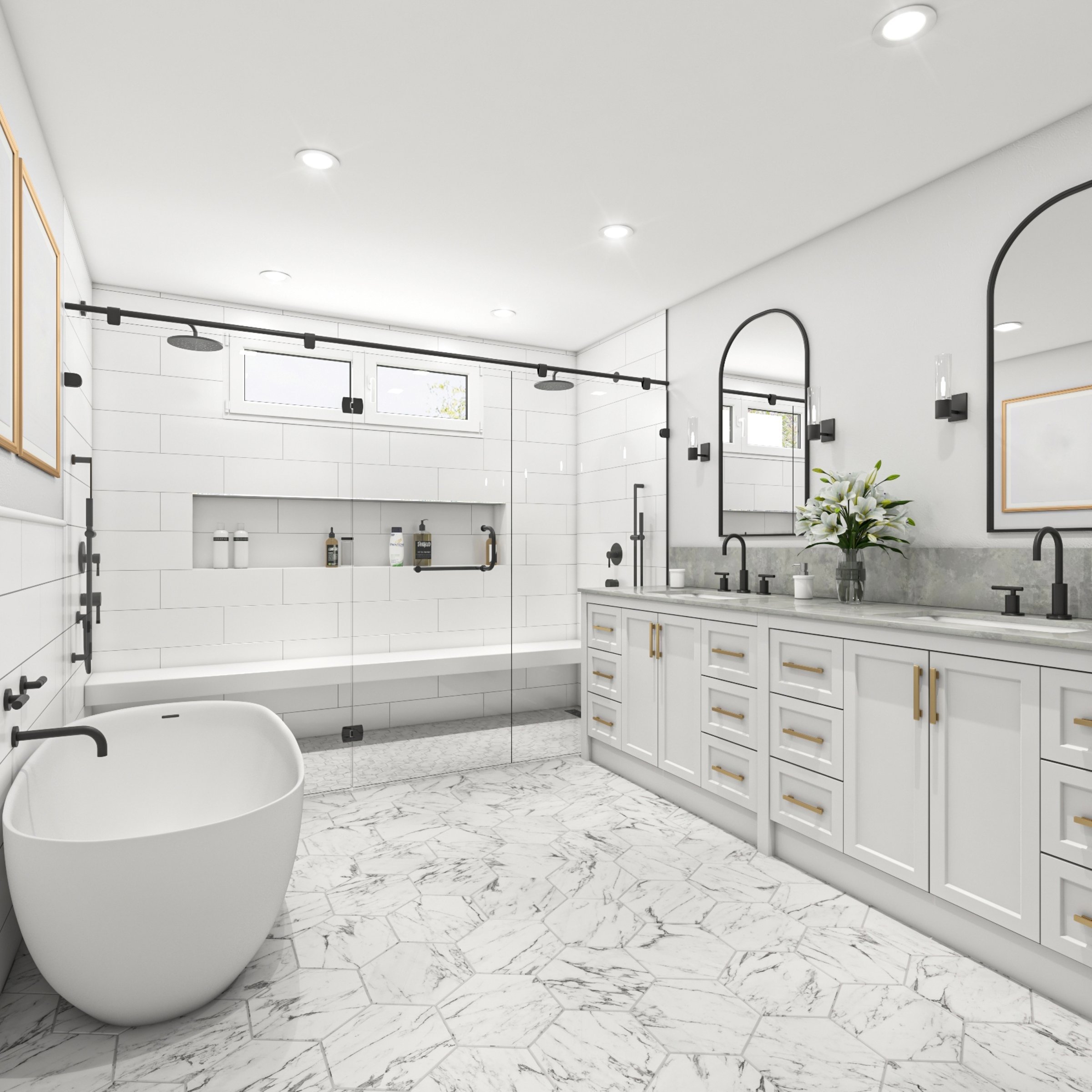 Bright and elegant bathroom with modern fixtures, marble flooring, and a luxurious aesthetic, showcasing contemporary design.