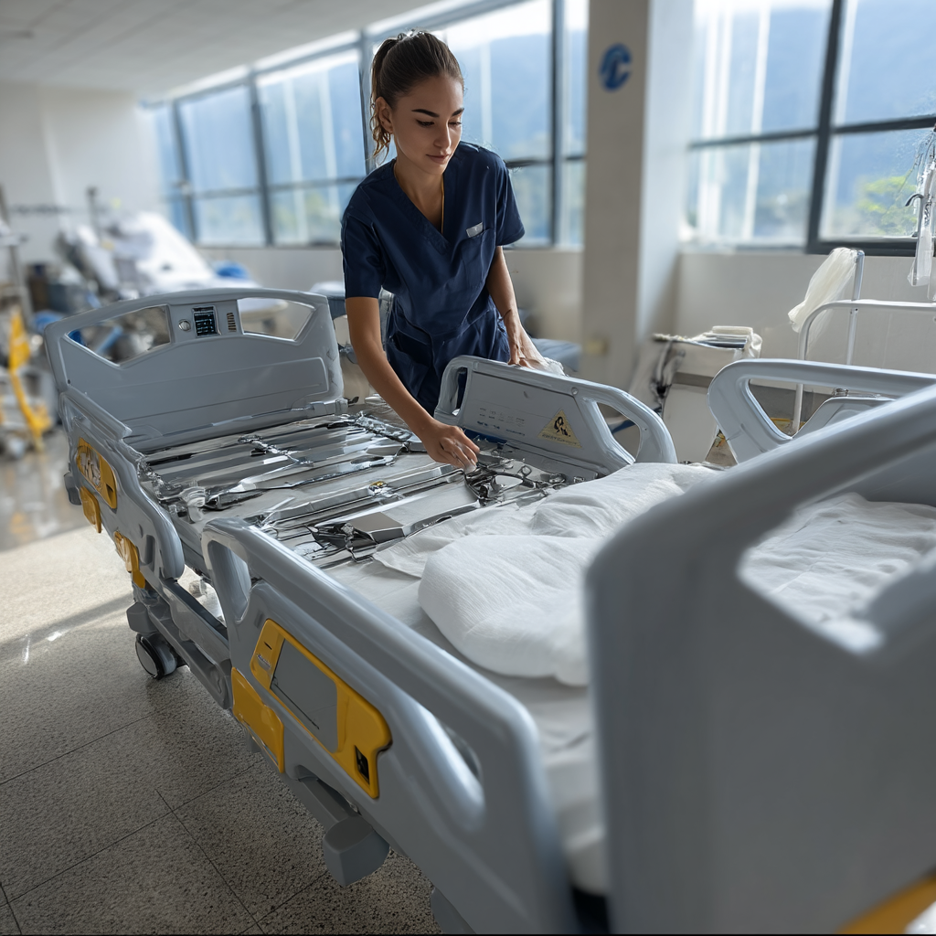 Nurse in scrubs adjusts a hospital bed in a bright, modern hospital room with large windows.