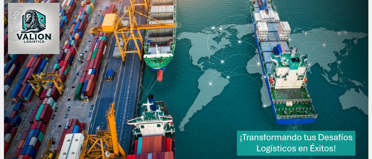 Cargo ships at a busy port with containers and a world map overlay, promoting Valion Logistics with text in Spanish.