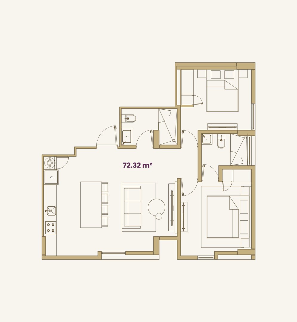 Plano arquitectónico Departamento 1, 2 y 3 - 72 m²