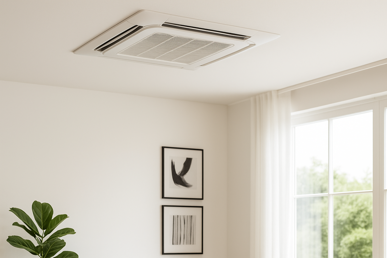 Ceiling-mounted air conditioning unit in a minimalist room with two framed artworks on the wall and a window with curtains.