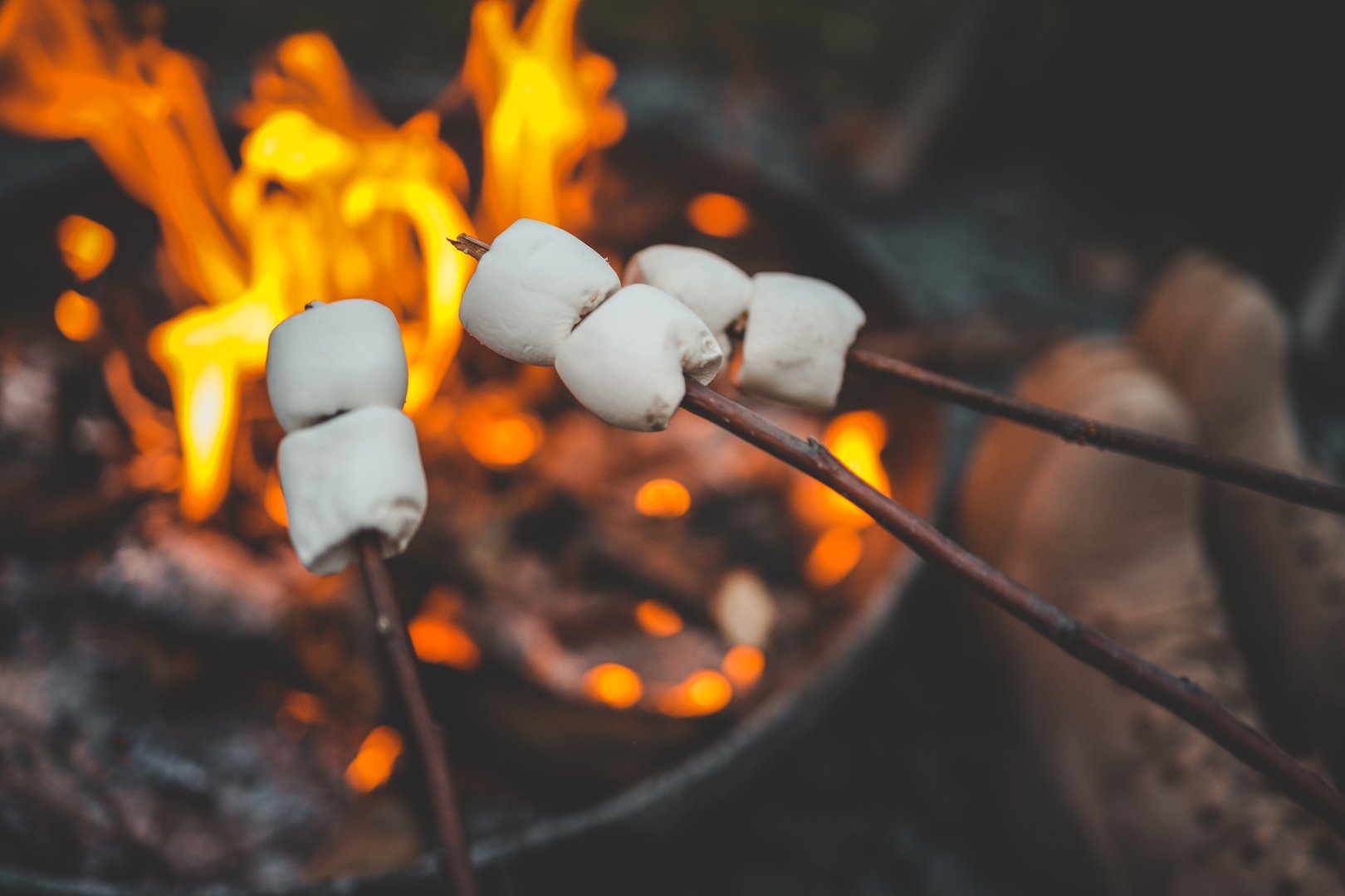 Group of people roasting marshmallows over a campfire, holding sticks with marshmallows near bright flames. Hot drinks with marshmallows are in their hands. Cozy outdoor moment.