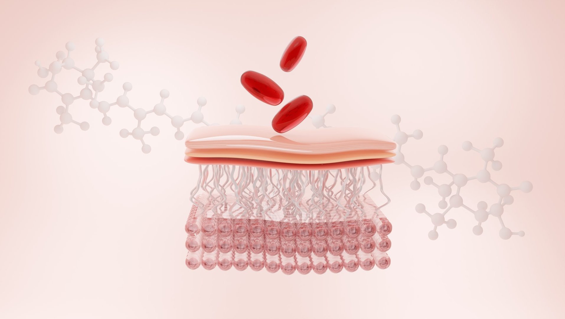 Astaxanthin atom and capsule drop on skin layer for skin serum and medical product concept. 3D rendering.