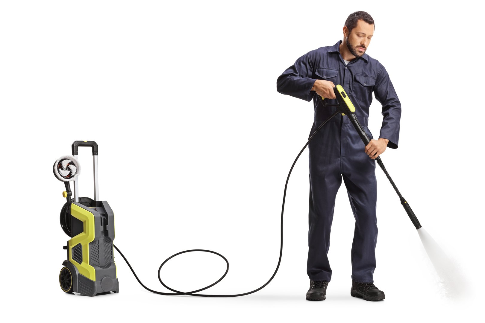 Worker cleaning with a high pressure washer machine isolated on white background