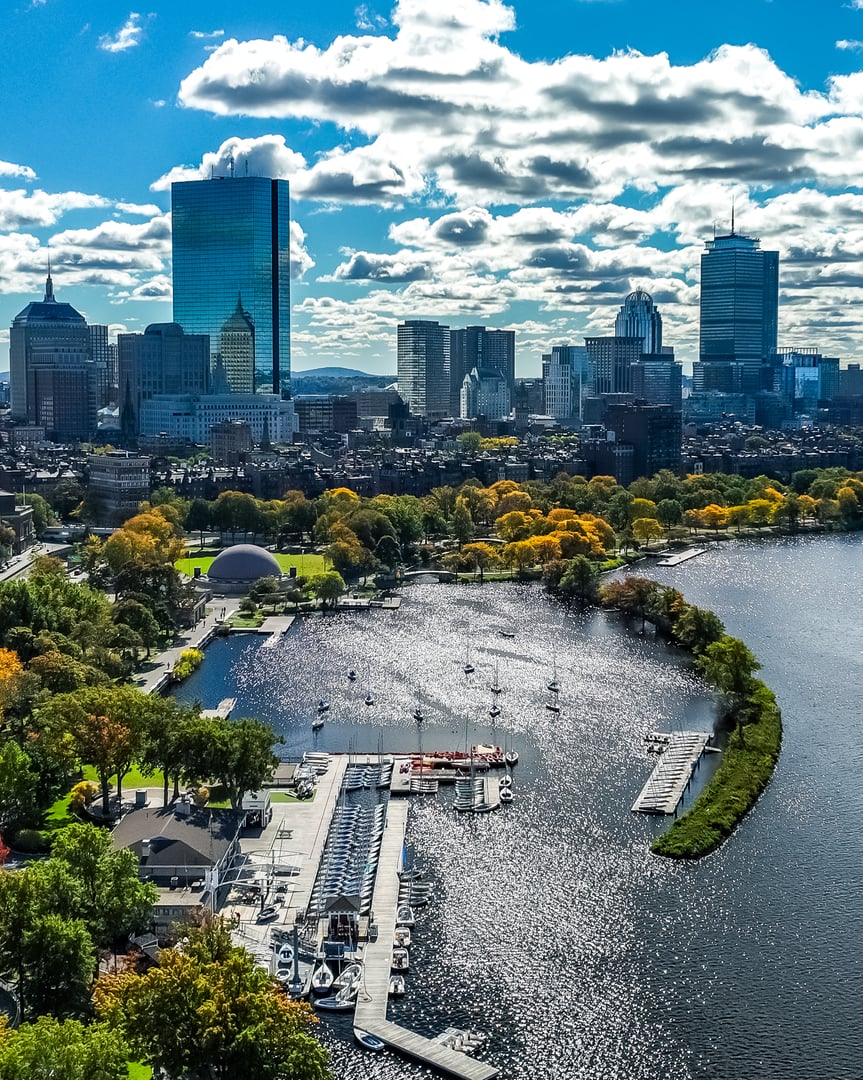 This picture captures Bostons Charles River with the autumn sun sparkling