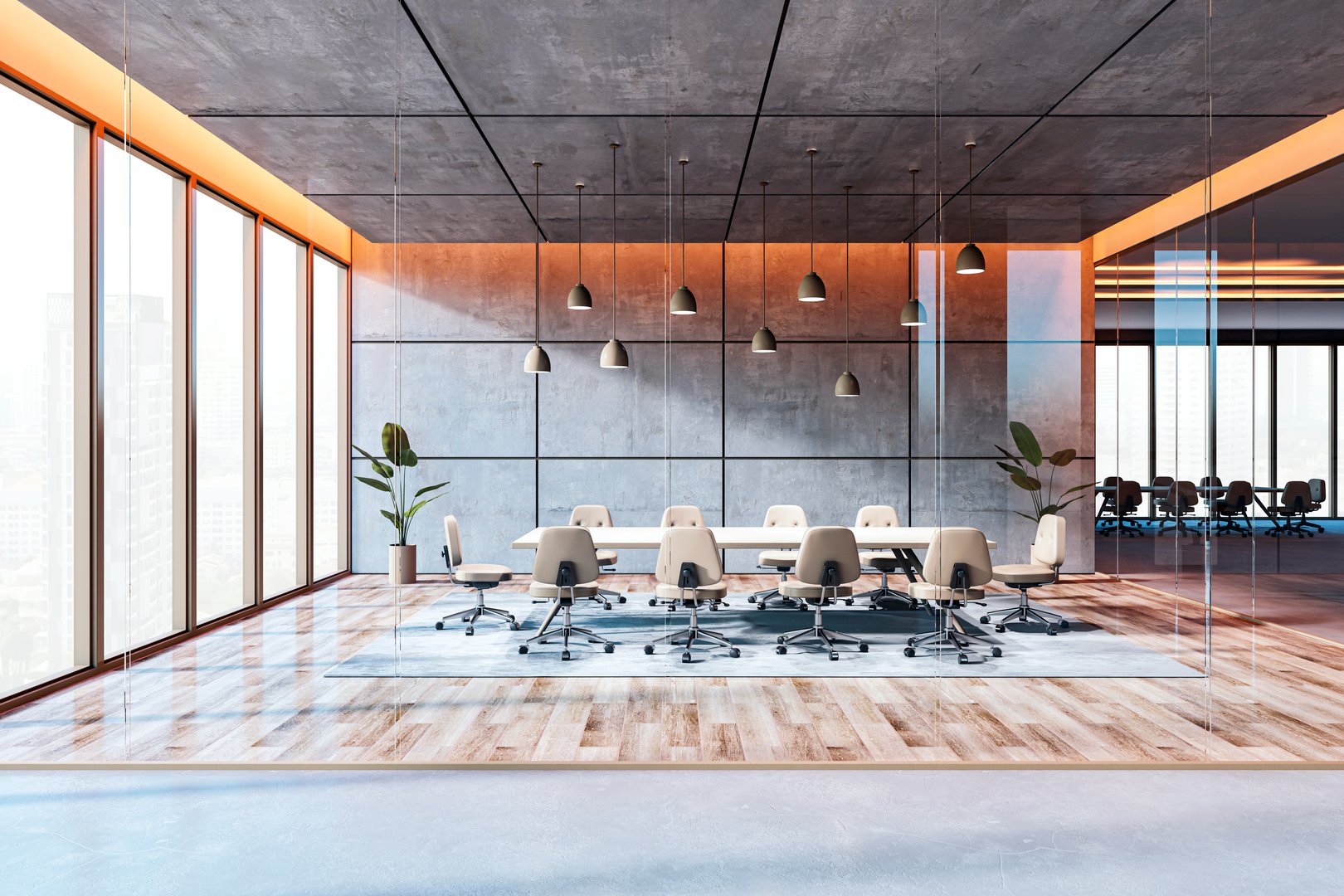 Modern office boardroom with a large table, chairs, and potted plant. Features wooden floors and glass walls, illuminated by natural light. 3D Rendering