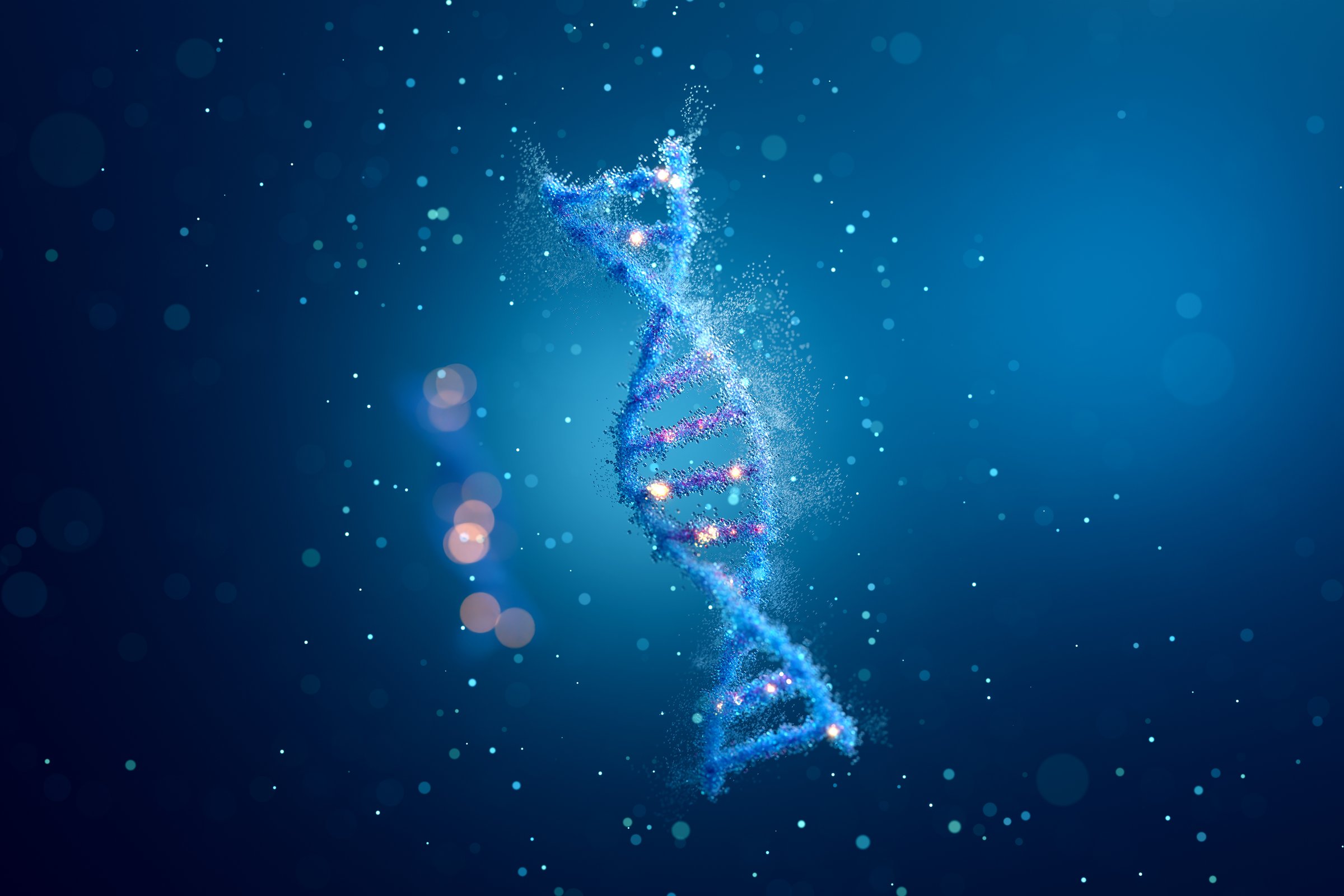 Abstract blue DNA strand featuring a double helix structure with glowing particles scattering for biotechnology research and innovation. 3d render.