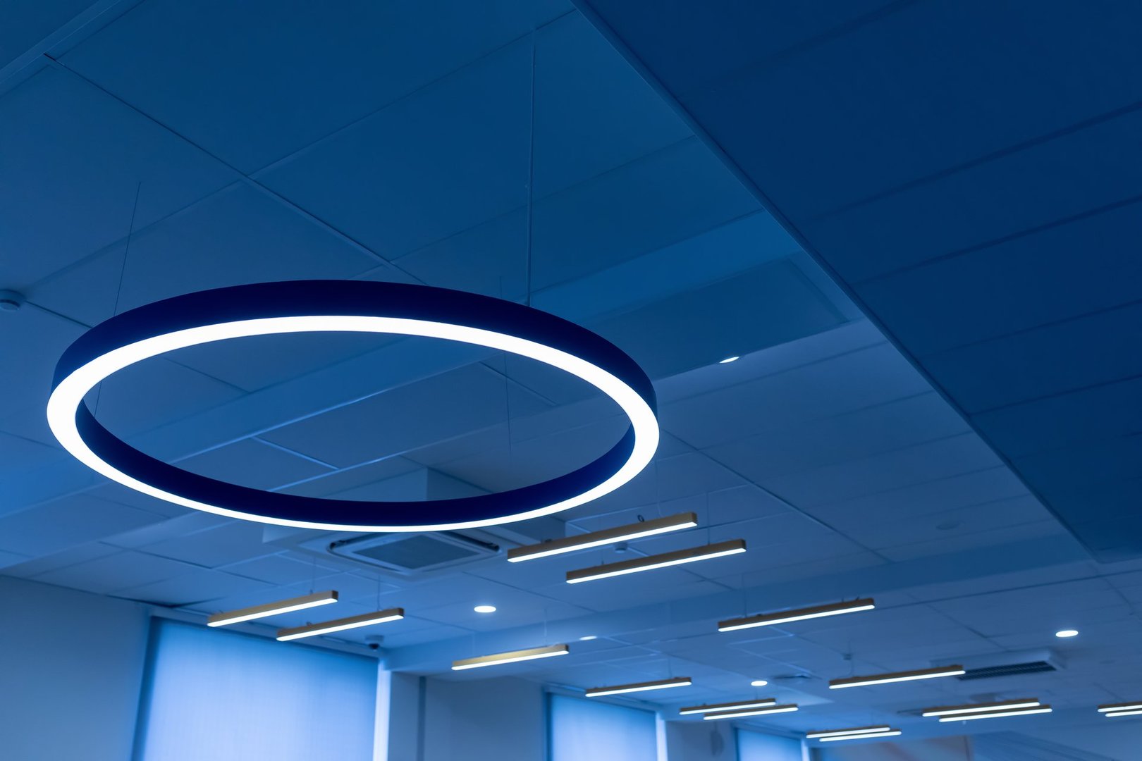 Lighting equipment. Large round fluorescent lamp and many linear LED lamps on the suspended ceiling. Lighting engineering solutions