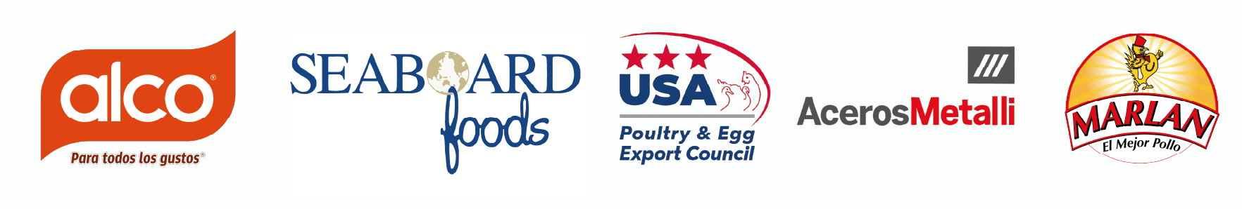 Logos of five companies: Alco, Seaboard Foods, USA Poultry & Egg Export Council, Aceros Metali, and Marlan.