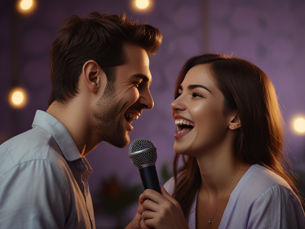 A man and woman singing into a microphone, smiling, with a purple background and string lights.