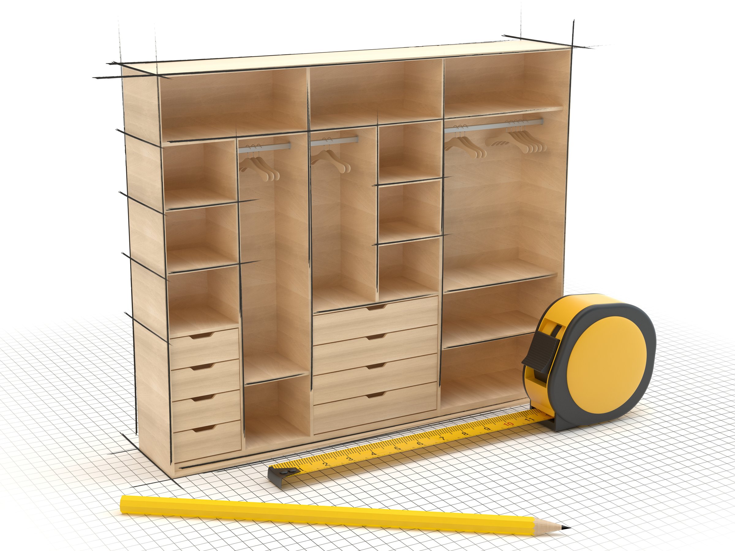 Wardrobe, pencil and measure, 3D illustration