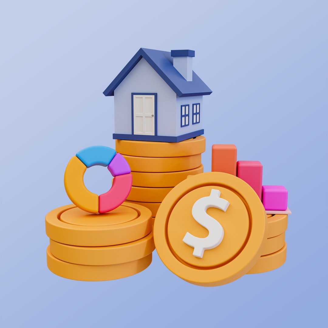 3D illustration of a house on stacked coins, charts, and financial symbols, representing real estate investment and financial growth.