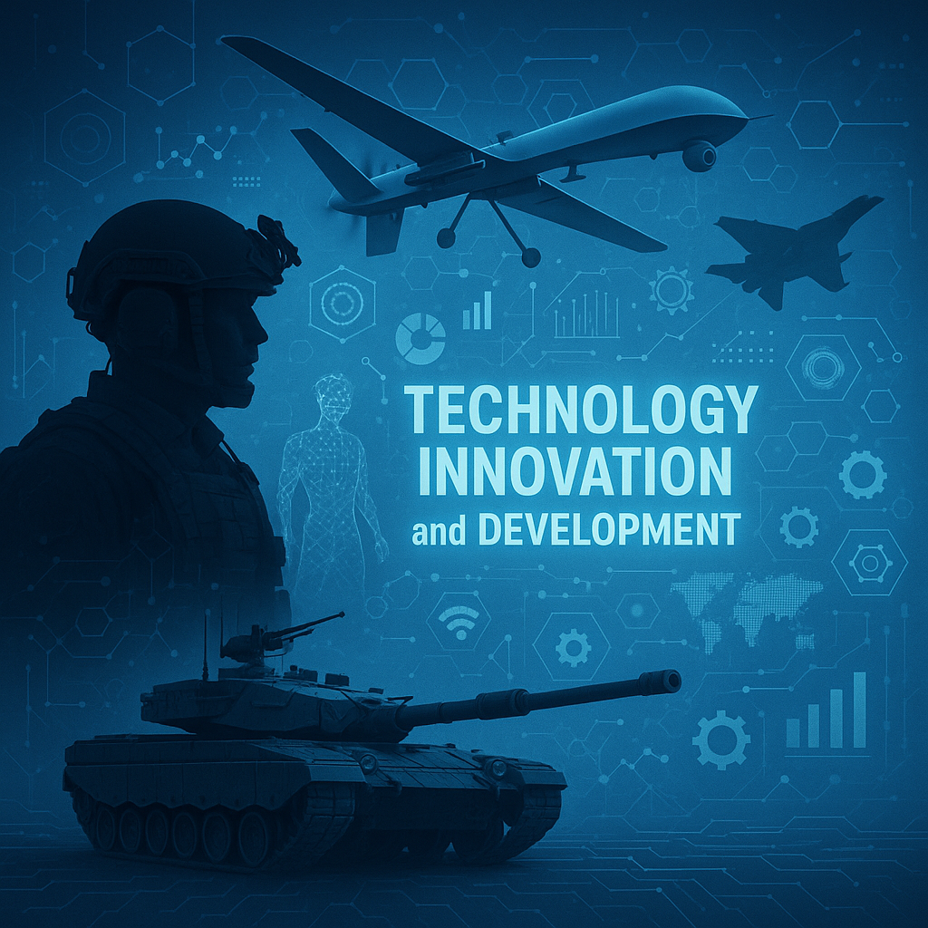 Silhouette of soldier, tank, drone, and jet with Technology Innovation and Development text against a blue tech-themed background.