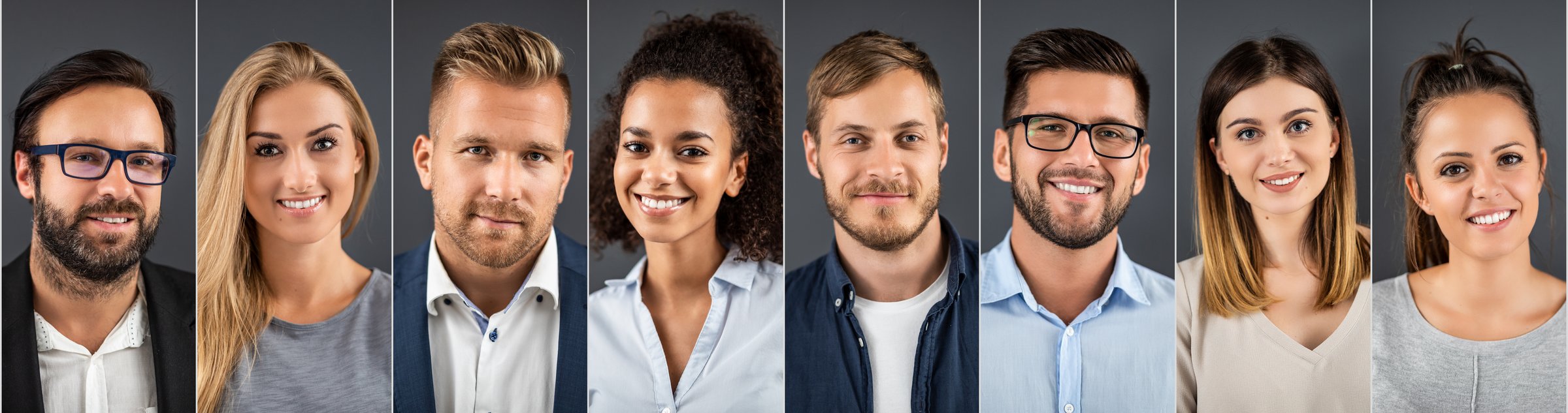 Collage of portraits of an ethnically diverse young business people.
