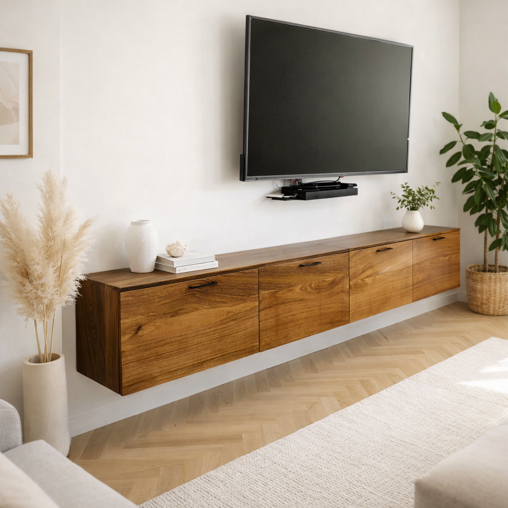 Mueble de TV flotante minimalista con 4 puertas abatibles y jaladeras negras