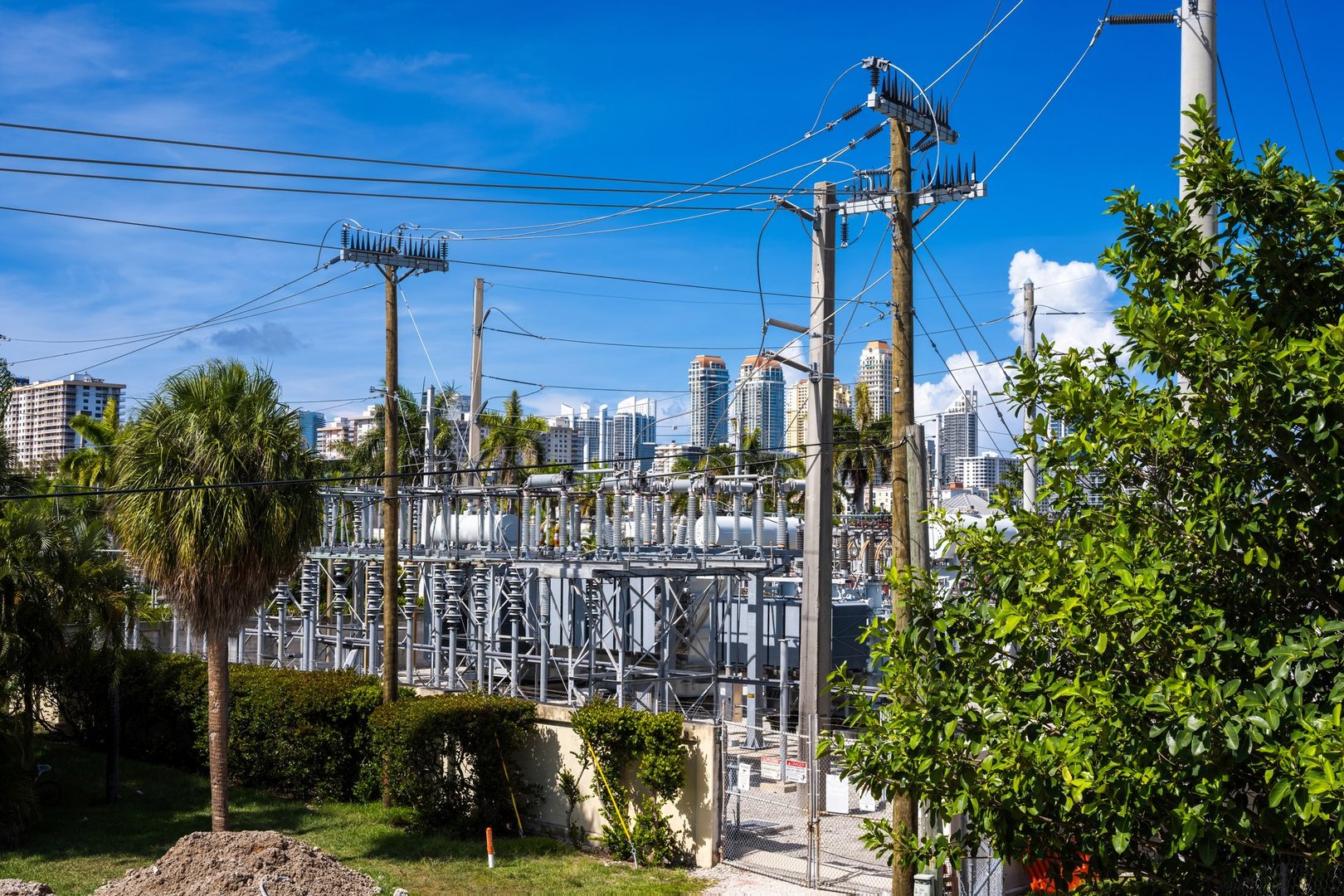 Power transmission substation on a background of blue sky