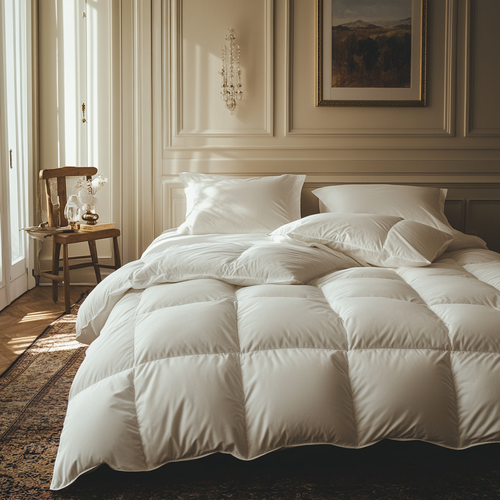 Luxurious white bedding with plush pillows and comforter in an elegant bedroom with ornate molding and a vintage chair.