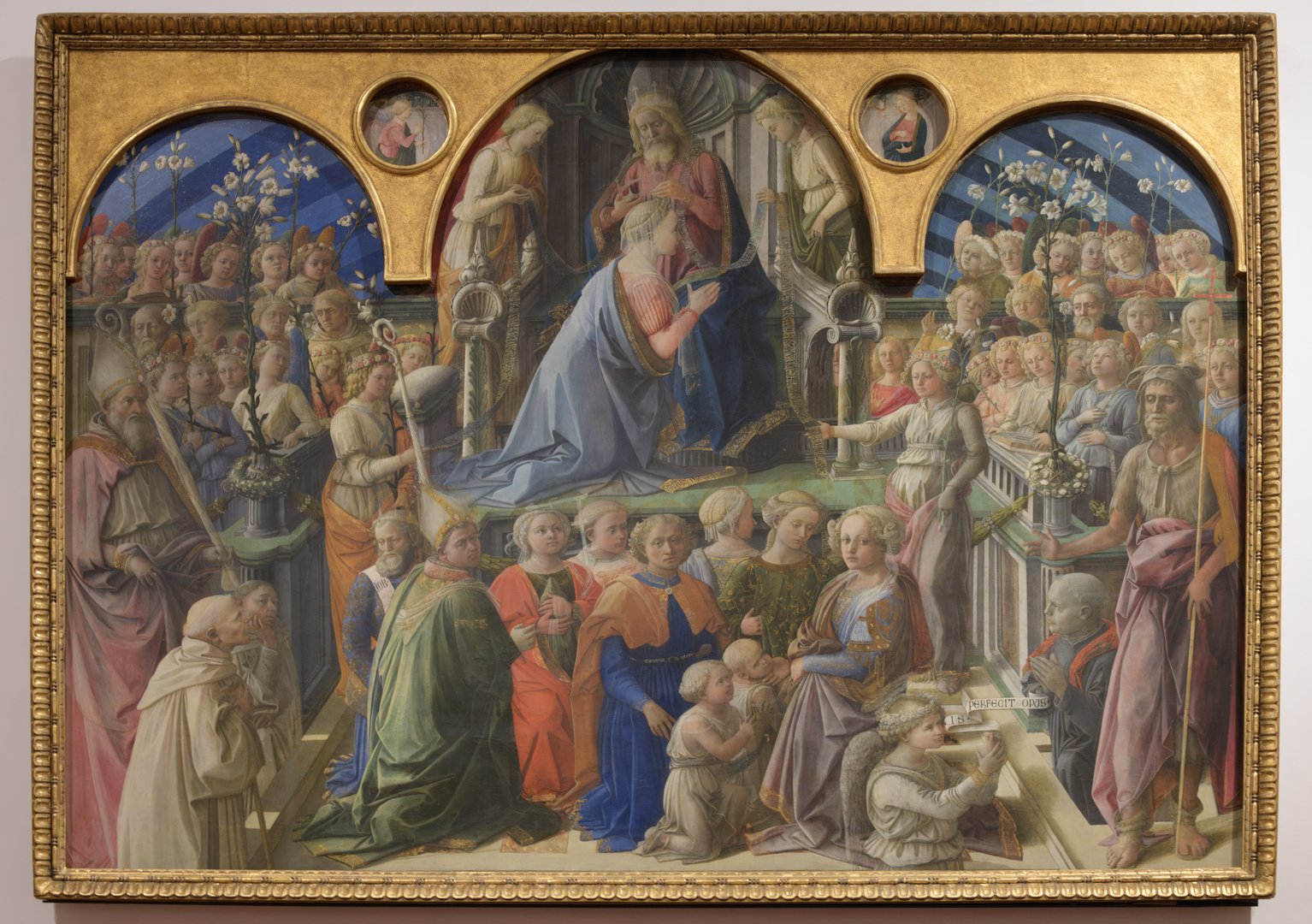 The Coronation of the Virgin Mary by Fra Filippo Lippi, tempera on panel, early Renaissance altarpiece with saints, angels, and donors, Florence, Italy, 1440s.