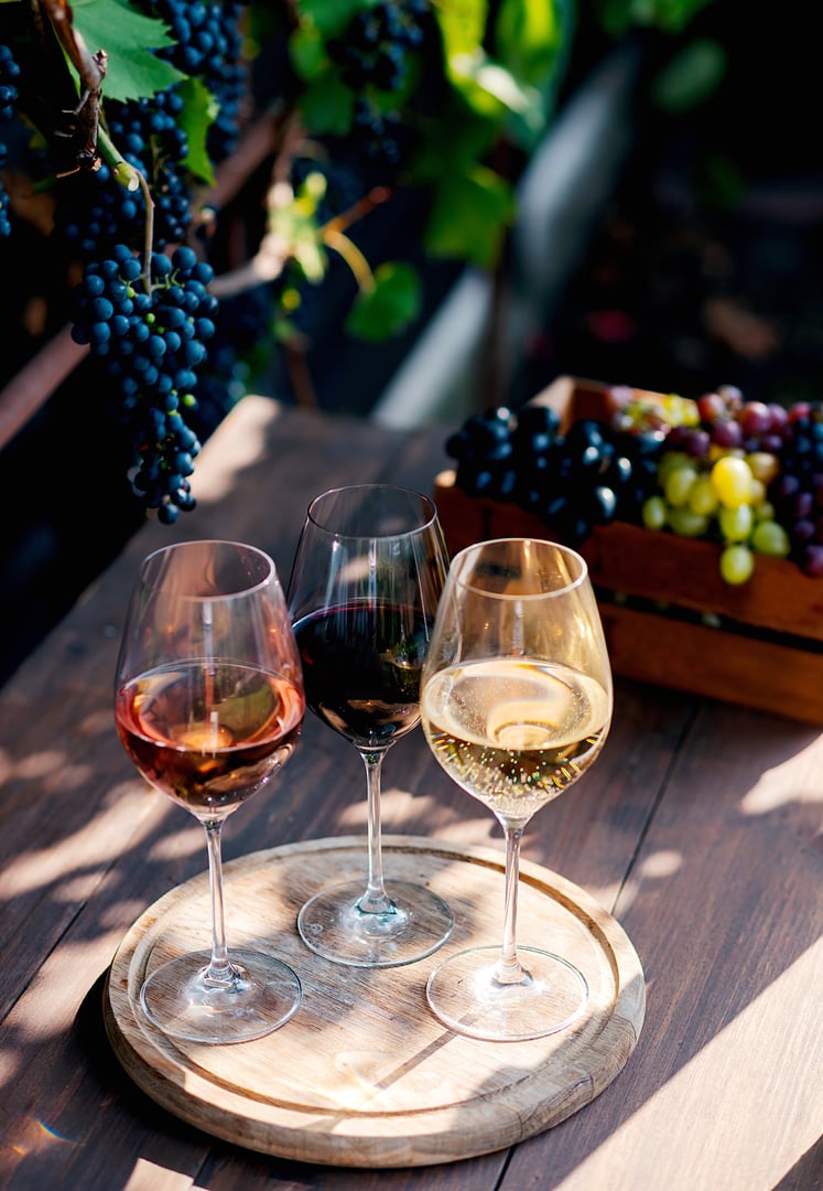 Three glasses with white, rose and red wine on a wooden barrel in the vineyard. Wide photo
